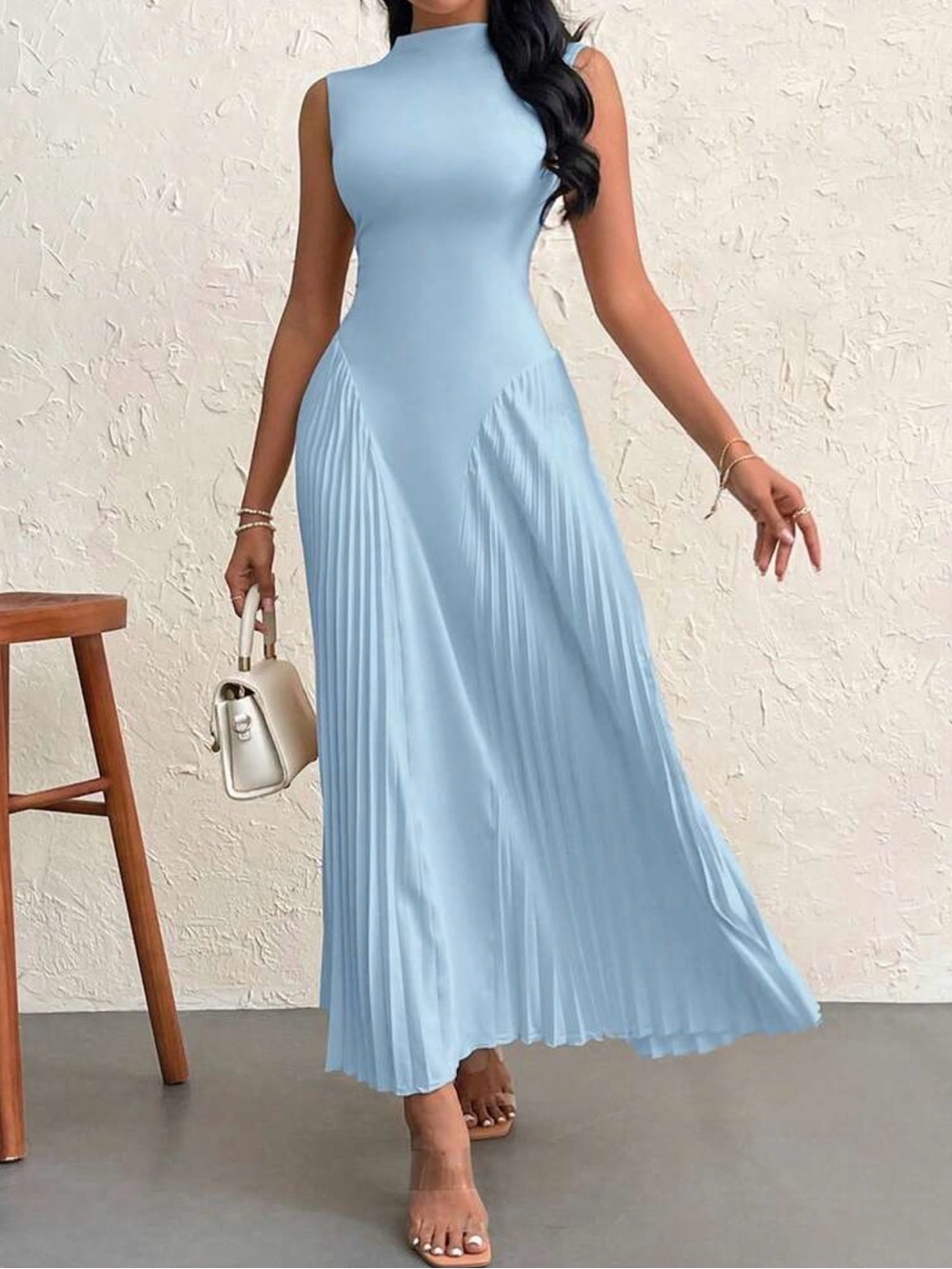 Sleeveless Pleated Maxi Dress in Light Blue